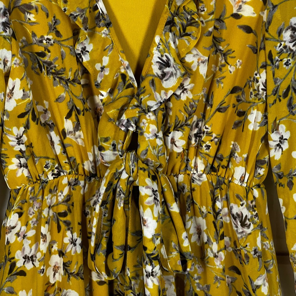 Show Me Your MUMU Floral Mini Dress Womens S Yellow V-Neck Ruffle Tie Waist - Picture 8 of 10